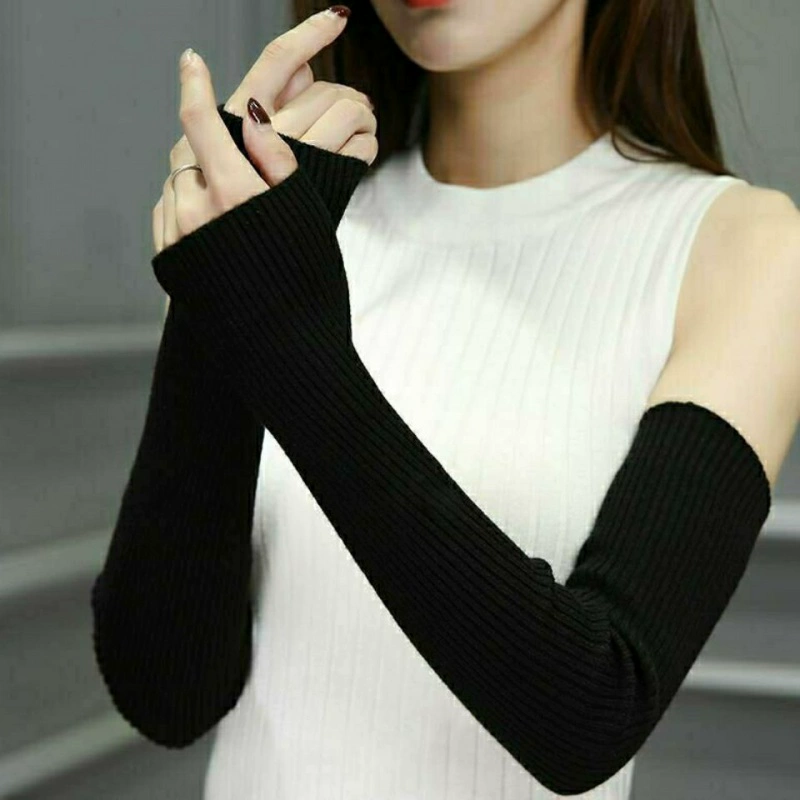 Tay áo dài tay len dệt kim tay áo mùa thu và đông của phụ nữ dài tay dài dày thêm miếng đệm khuỷu tay nửa ngón tay để giữ ấm - Găng tay