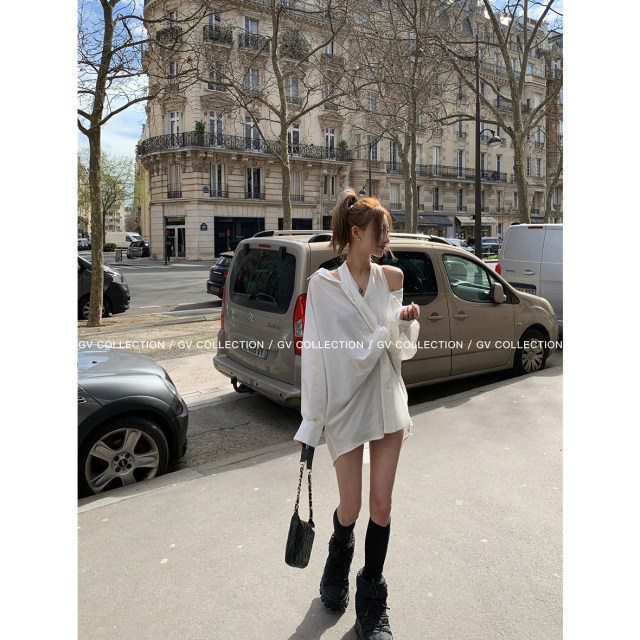 GV Dabai Ge du ເຟີນິເຈີ lazy fake two-piece niche design halter neck tie shirt dress off-shoulder skirt for women