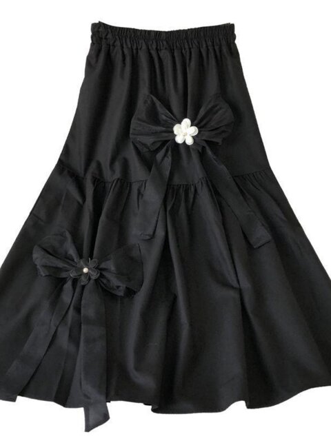Summer 300Jin Jin equals 0.5kg plus size women's bow three-dimensional flower elastic waist skirt mid-length solid color versatile A-line skirt