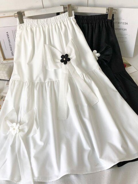 Summer 300Jin Jin equals 0.5kg plus size women's bow three-dimensional flower elastic waist skirt mid-length solid color versatile A-line skirt