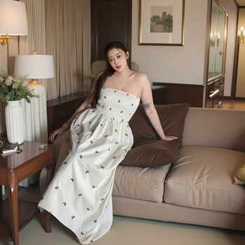 150kg Plus Size Korean Style French Bow Print Strapless Backless Elastic Waist Slimming Long Dress for Chubby Girls