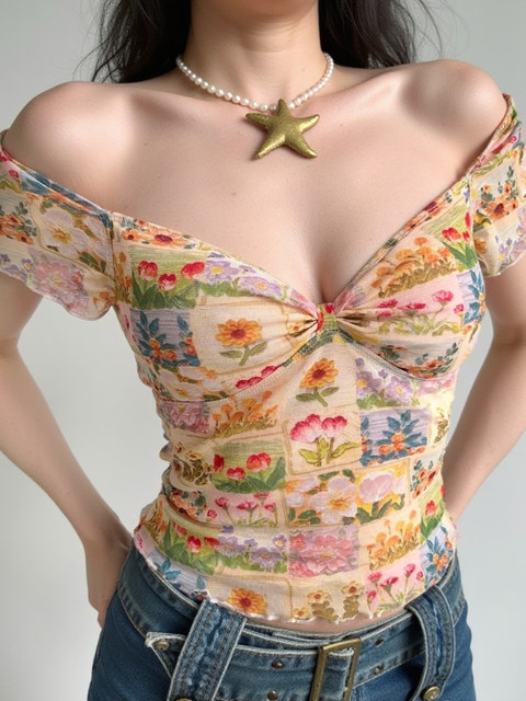 Plus size women's homemade European and American style oil painting floral print v-neck T-shirt women's summer lace mesh short-sleeved top trendy