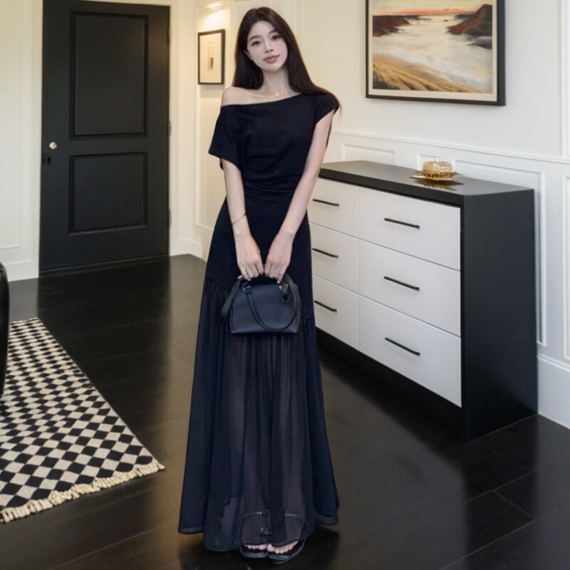 Plus-Size Women's New French-Style Elegant One-Shoulder Short-Sleeve High-End Mesh Dress with Summer Long Dress and Little Black Dress