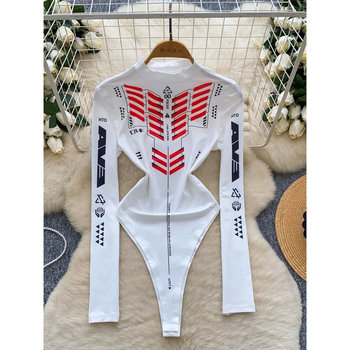 Plus Size 150kg European and American Style Biker Outfit for Curvy Women, Printed Long-Sleeve Jumpsuit, Slim-Fit, Flattering, Trendy Top