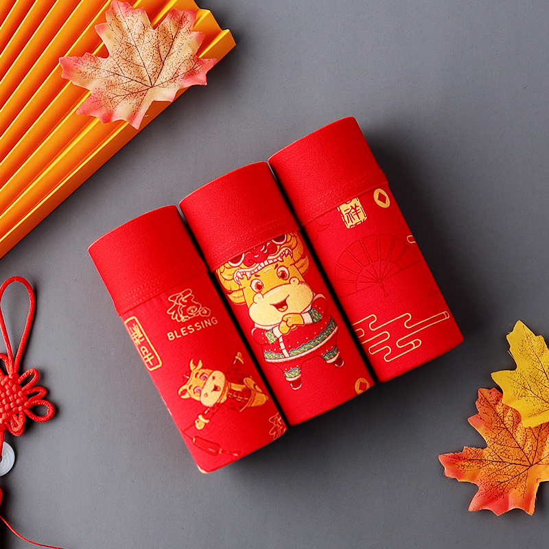 Red Briefs Men's Flat Corner Pants Men's Pants Ben Year Bull Red Personality Student Cotton Youth Four-corner Pants Underpants