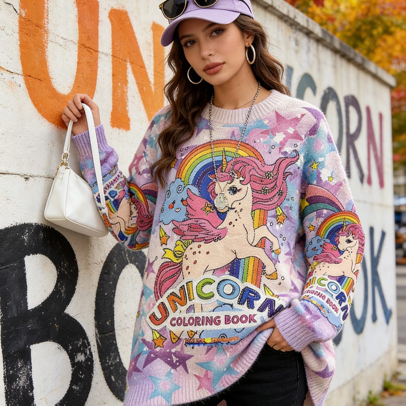 Celebrity-Inspired Unicorn Print Long-Sleeve Crew Neck Sweater for Men and Women, Autumn and Winter Loose Soft Knit Top, Trendy Brand Clothing