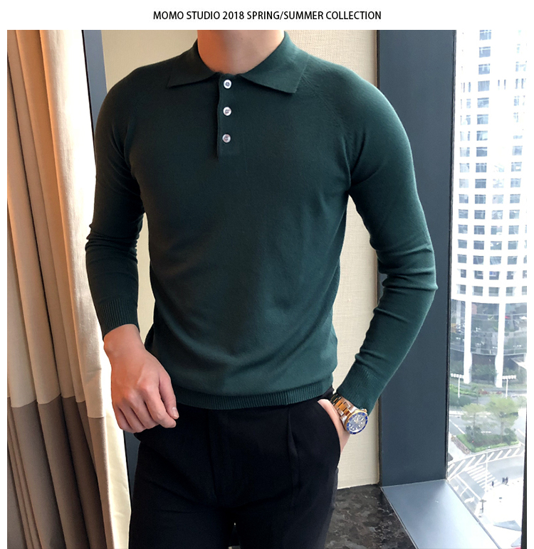 [Capricorn] 2018 áo len dệt kim mỏng mới phiên bản Hàn Quốc của áo sơ mi POLO nam màu hoang dã áo thun dài tay nam t shirt golf
