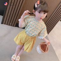 Special cabinet genuine girl suit 2022 new children's foreign gas Korean version of summer suit female baby short-sleeved broken flower two sets