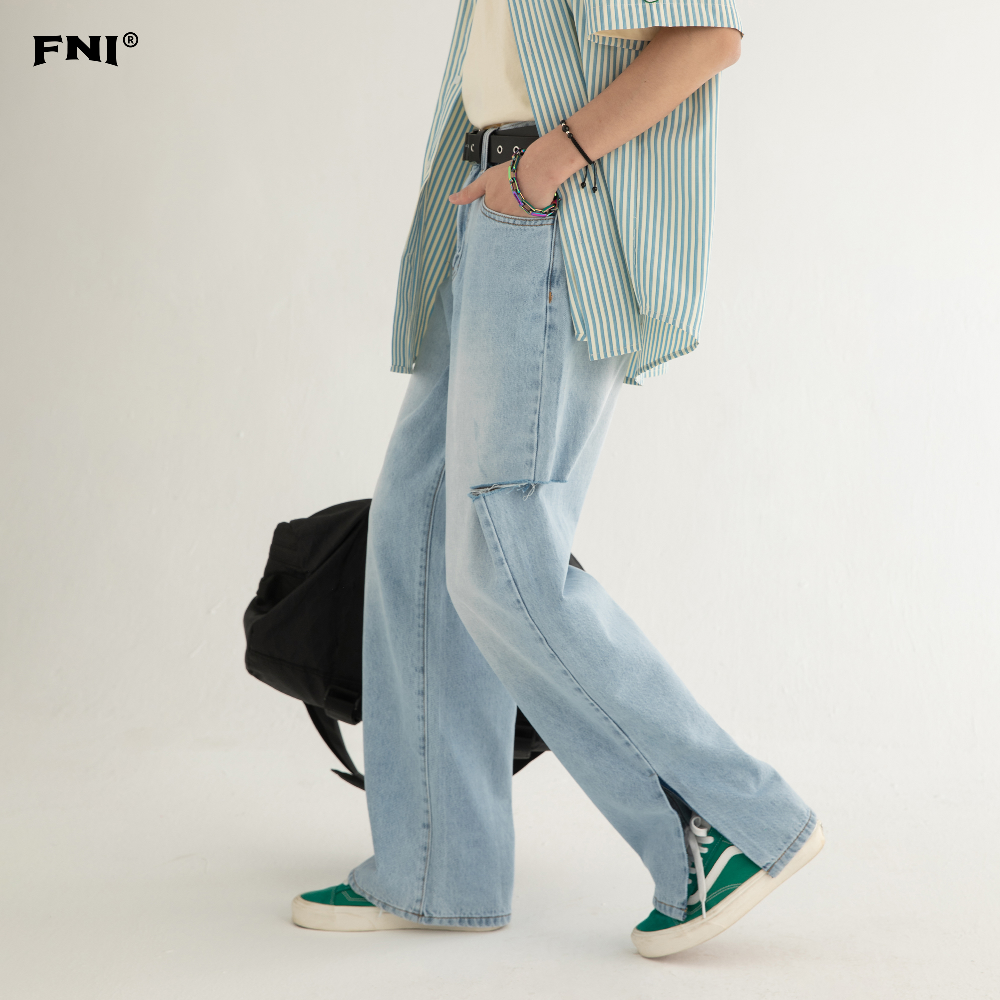 Big Lai FNI trend retro hole split jeans men fall thin straight loose wide leg casual pants