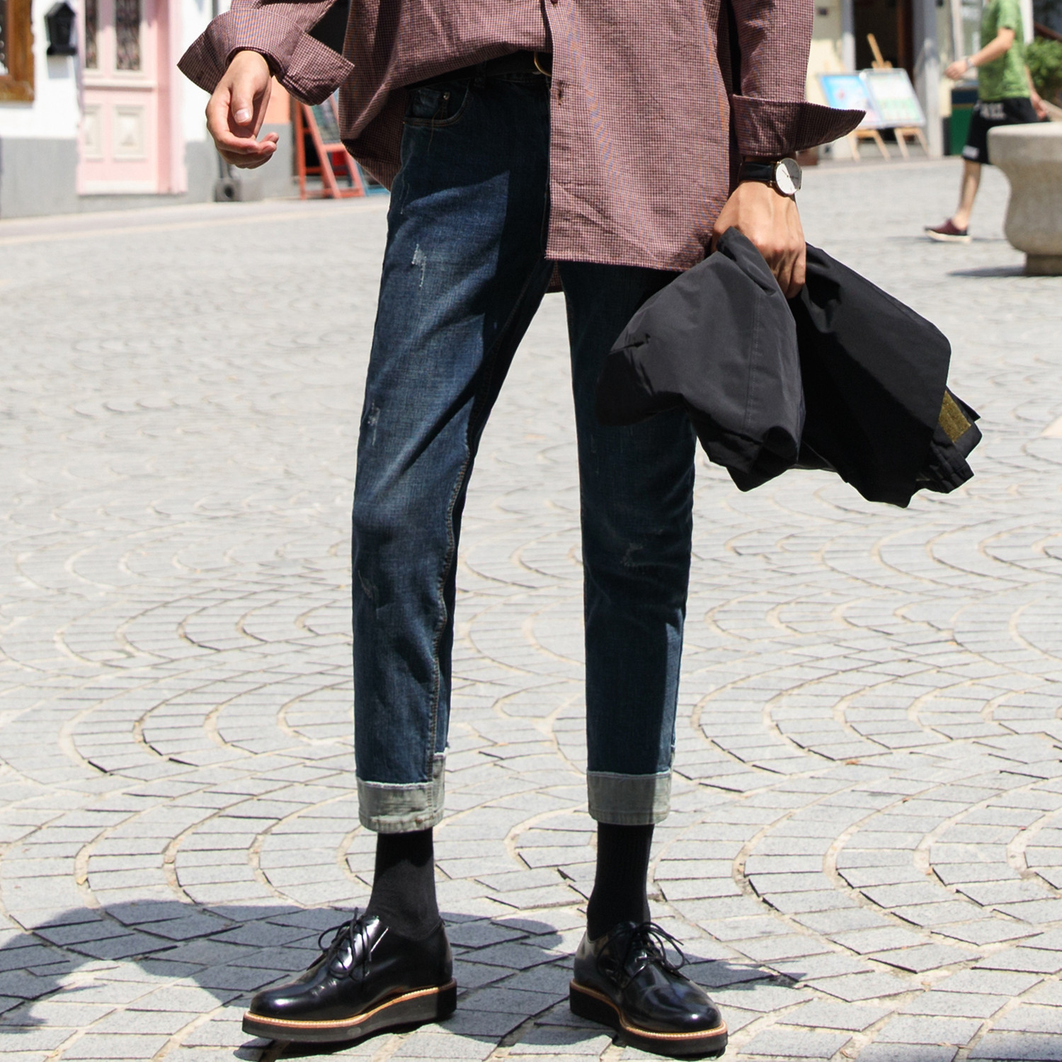 大赖自制/17AW 新款牛仔裤男修身九分裤拼接撞色刮破小脚休闲裤子