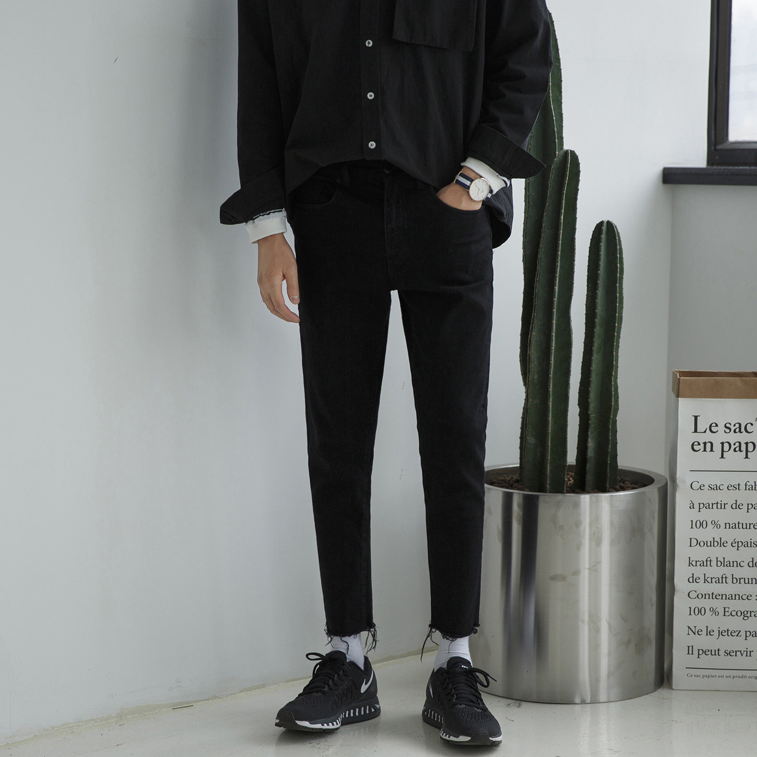 大赖自制 春夏新款修身百搭黑色牛仔裤男小脚九分裤韩版休闲裤子