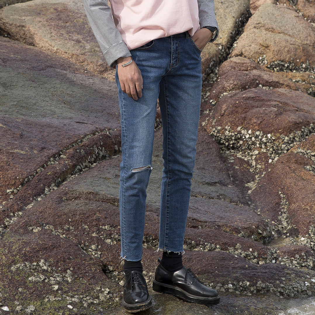 大赖自制 春季韩版潮男生水洗牛仔裤男修身破洞九分小脚牛仔裤男