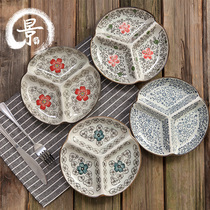 Underglaze ceramic three-grid Japanese and wind cold dish seasoning dish divider plate fruit platter dish disc