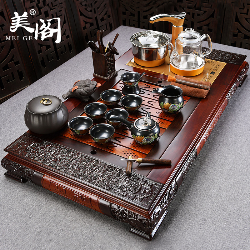 Beauty cabinet ebony tea tray automatic ceramic tea set household glass kung fu tea kettle solid wood tea table