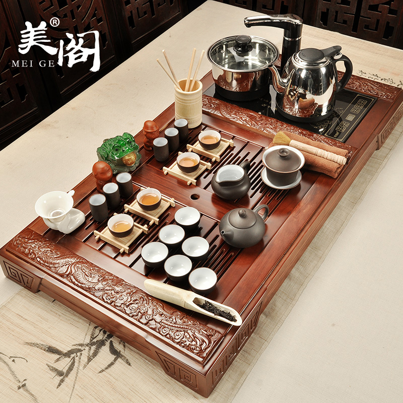 The pavilion home kung fu tea set a complete set of ceramic teapot teacup electric magnetic furnace solid wood tea tray tea tea taking