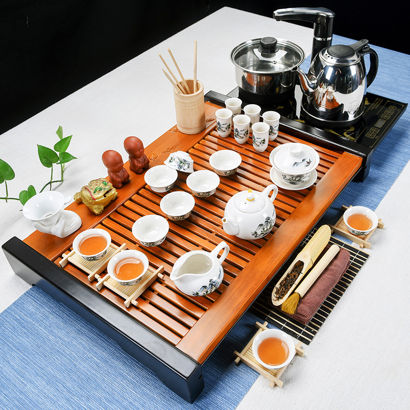 Beautiful pavilion tea set home tea sets tea taking of a complete set of tea cups ceramic teapot kung fu solid wood logs tea tray