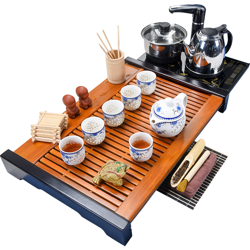 Beautiful pavilion tea set home tea sets tea taking of a complete set of tea cups ceramic teapot kung fu solid wood logs tea tray