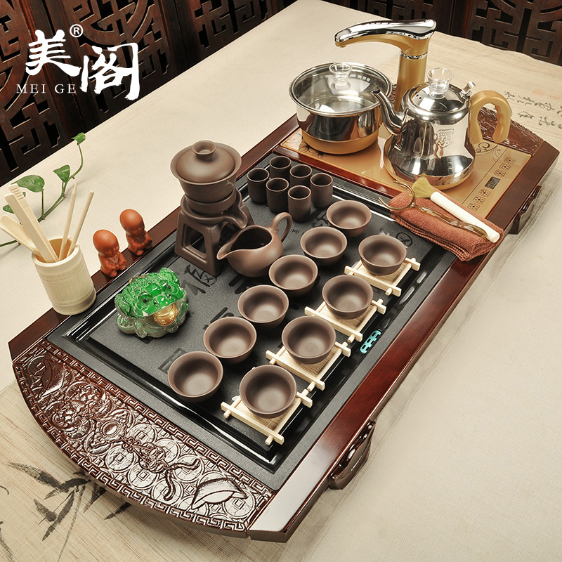 Beauty cabinet purple home kung fu tea set the teapot the joining together of four electric magnetic furnace tea tea solid wood tea tray