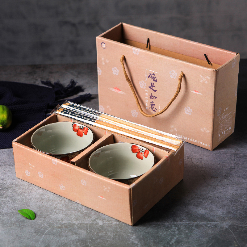 Japanese under glaze color porcelain tableware chopsticks sets students eat rice bowls of household gift boxes dear little soup bowl