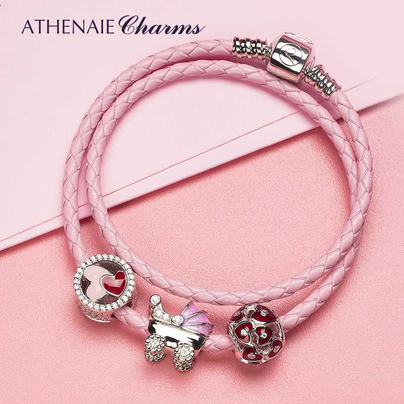Athenaie925 Silver ins Wind Pink Leather Cord Beaded Charm DIY Bracelet Chinese Valentine's Day Bracelet for Women Athenaie925 Silver ins Wind Pink Leather Cord Beaded Charm DIY Bracelet Chinese Valentine's Day Bracelet for Women