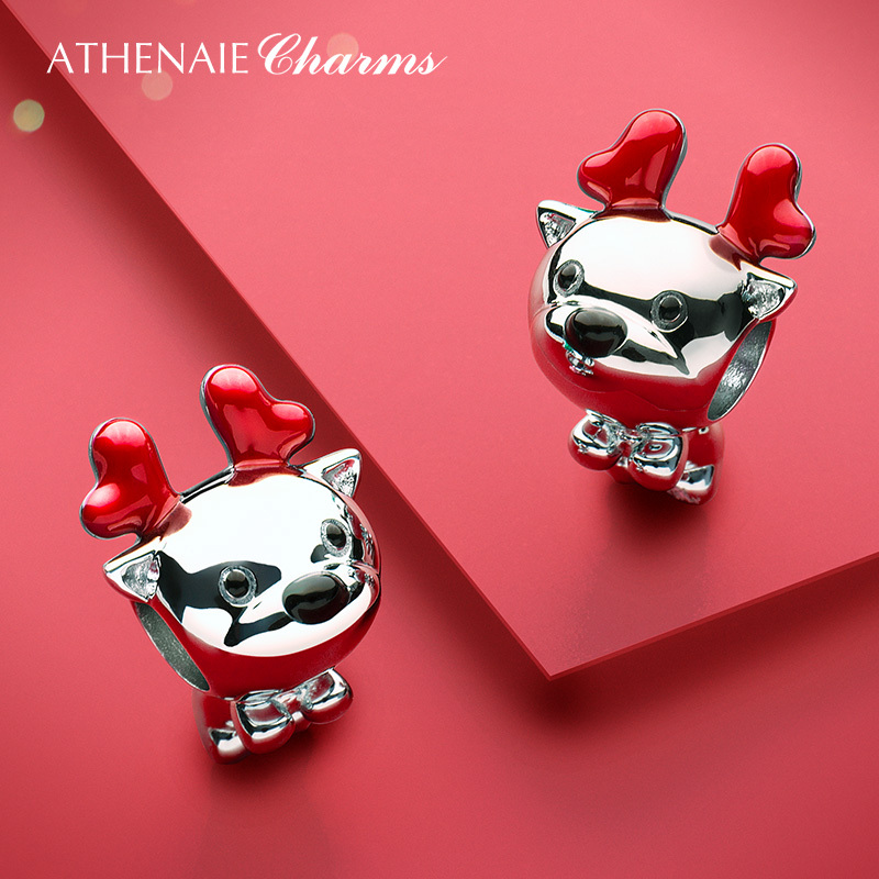 Athenaie Christmas Deer Red 925 Silver Beads DIY Bracelet with Beads Same Style Bracelet Beads