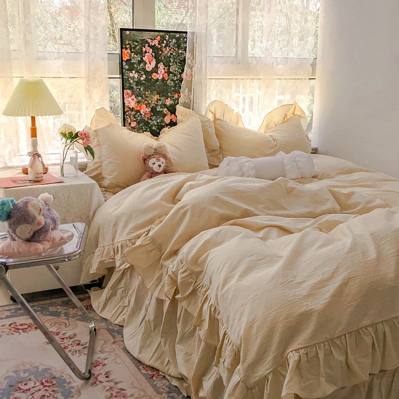ins the same Korean style princess wind gentle milk tea color lotus leaf side quilt cover bed skirt four pieces all cotton washed cotton