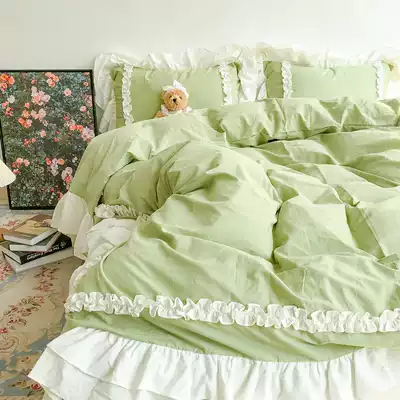 Korean Princess wind knock sweet fairy lotus leaf lace forest green cotton water wash cotton four-piece bed bed