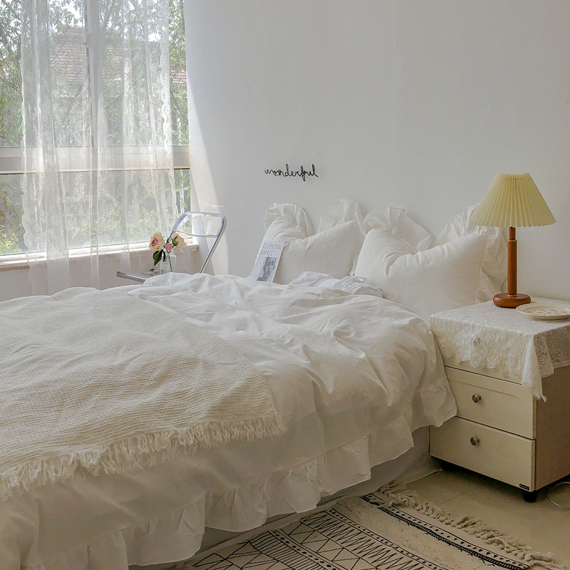 South Korea Cream Fairy Bedroom Bi Preparation pure white lotus leaf side quilt cover full cotton washed cotton four sets
