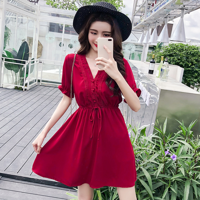 Summer French-Style Niche V-Neck Chiffon Dress for Petite Women, Red Short Dress That Makes You Look Taller, Covers the Belly and Makes You Look Slimmer, Little Red Dress Summer French-Style Niche V-Neck Chiffon Dress for Petite Women, Red Short Dress That Makes You Look Taller, Covers the Belly and Makes You Look Slimmer, Little Red Dress