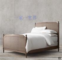Export foreign trade bed French solid wood rattan bed American retro distressed modern double bed carved bed rattan bed