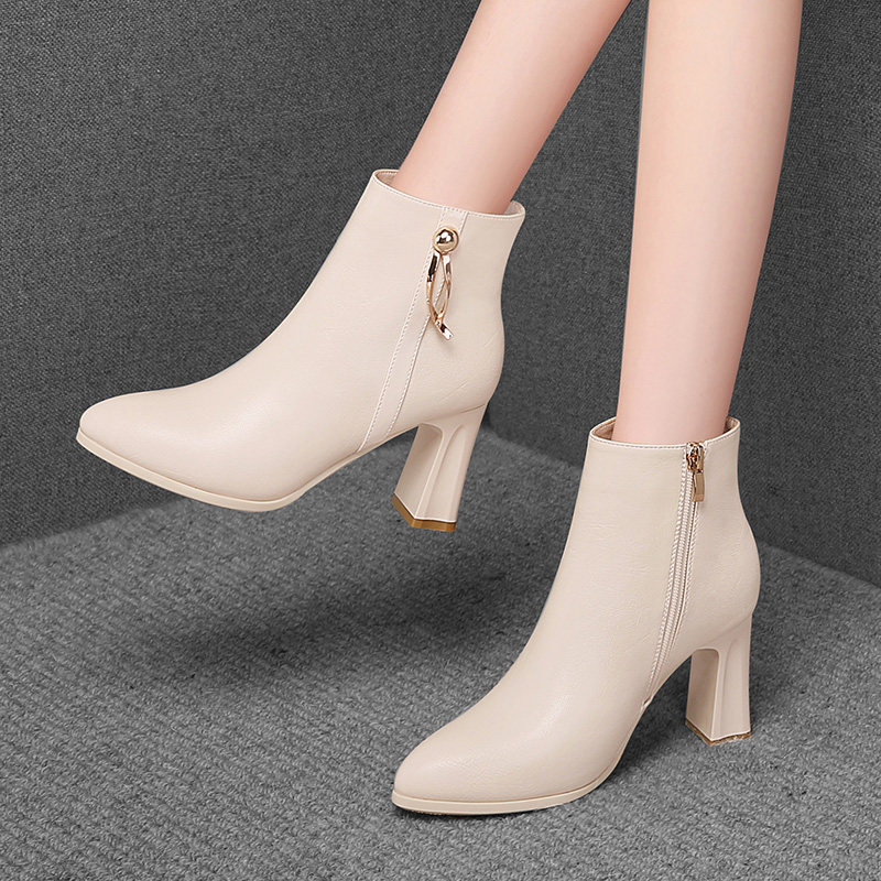 Small Heel Short Boots Woman Spring Autumn Season New 2022 100 Hitch Fashion Beige Pointed High Heel Shoes Plus Rough Heel Leather Shoes