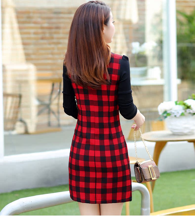 格子连衣裙女秋装2018新款韩版女士修身显瘦