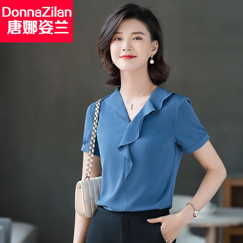 Short-sleeved V-neck shirt women's summer fashion temperament Western style all-match design sense white chiffon shirt top