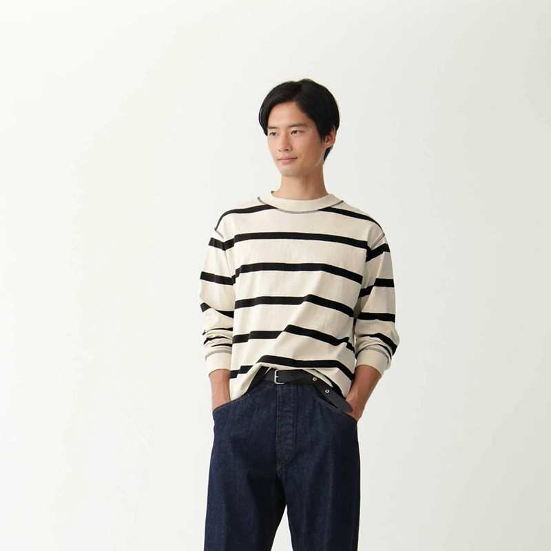 British MHL WIDE STRIPE DRY JERSEY MALE Generous Striped Knit Long Sleeve Tee Tee TEE