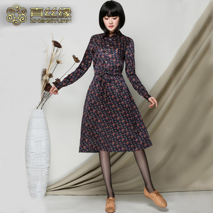 真丝缘真丝香云纱莨绸中长款连衣裙桑蚕丝修身