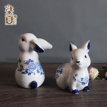 Creative blue and white porcelain rabbit ornaments home decorations modern living room wine cabinet TV cabinet decoration Xie teacher gifts