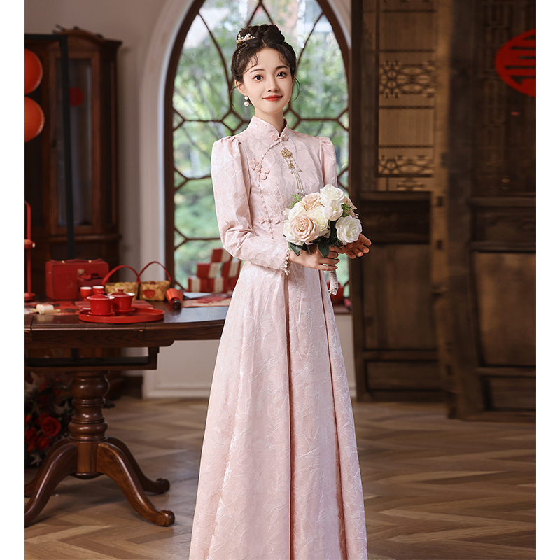Pink Toast Dress for Bride 2026 New Style New Chinese-Style Cheongsam Wedding Engagement Dress High-End Autumn and Winter Long-Sleeved