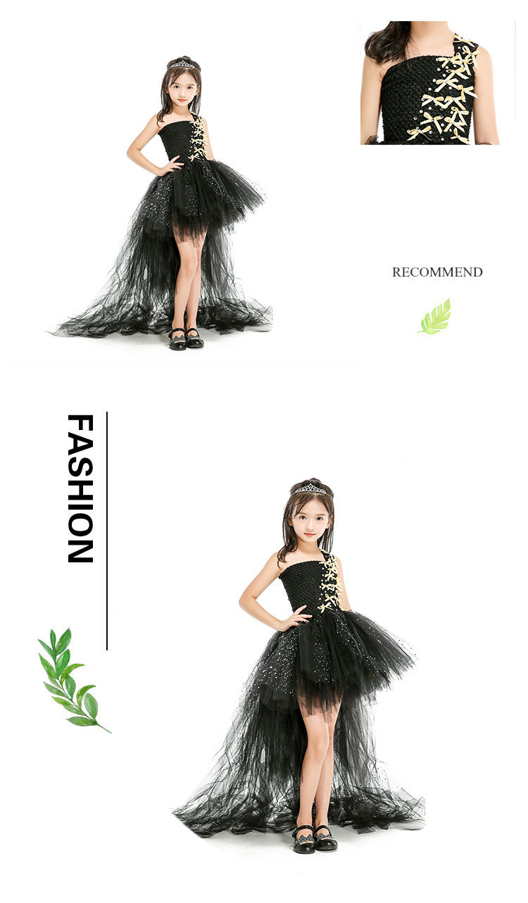 Girls Black Dress Princess Dress Child Model Catwalk Dress Trailing Piano Costume Tutu Váy Bow shop đồ trẻ em