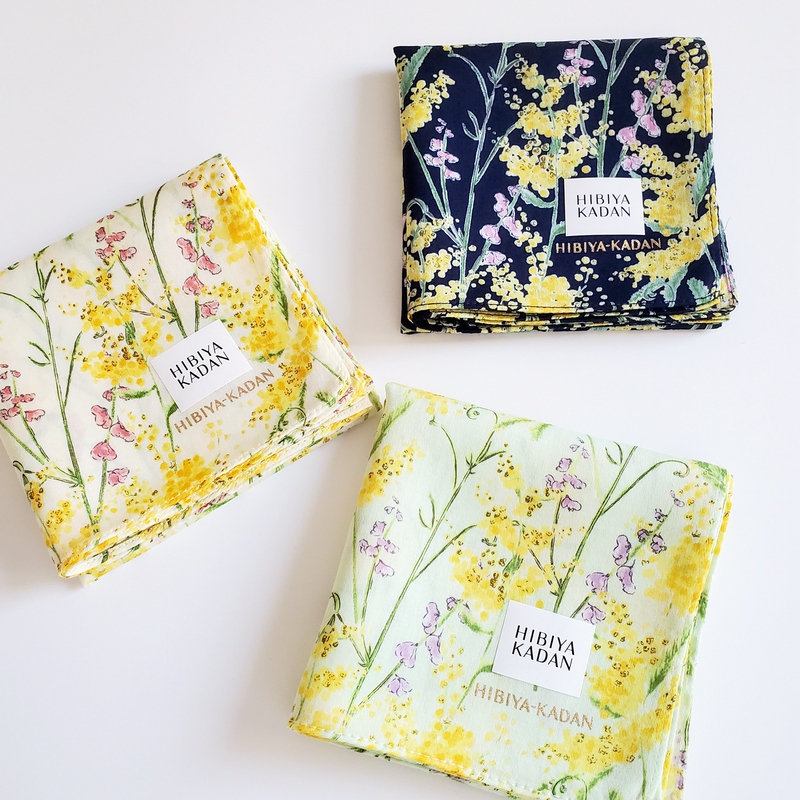 In Stock Hibiya Kadan Women's Japanese Soft, Lightweight, Mimosa Print Pure Cotton Handkerchief