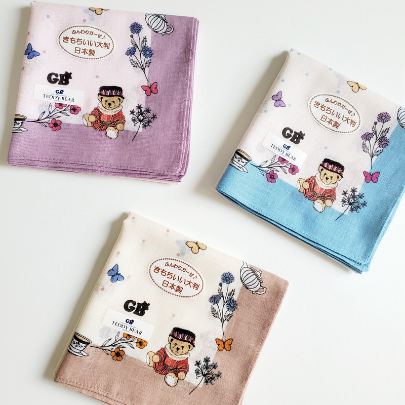 In Stock Great British Teddy Bear Japanese-Made Soft Portable Bear Print Pure Cotton Handkerchief