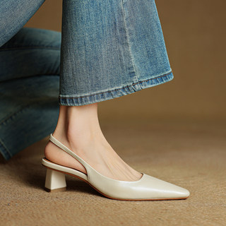 French-Style Elegant Pointed-Toe Shallow Single Shoes for Commuting, 2026 New Model, Chunky Heel, High Heel, Closed-Toe Sandals for Women, Summer Genuine Leather