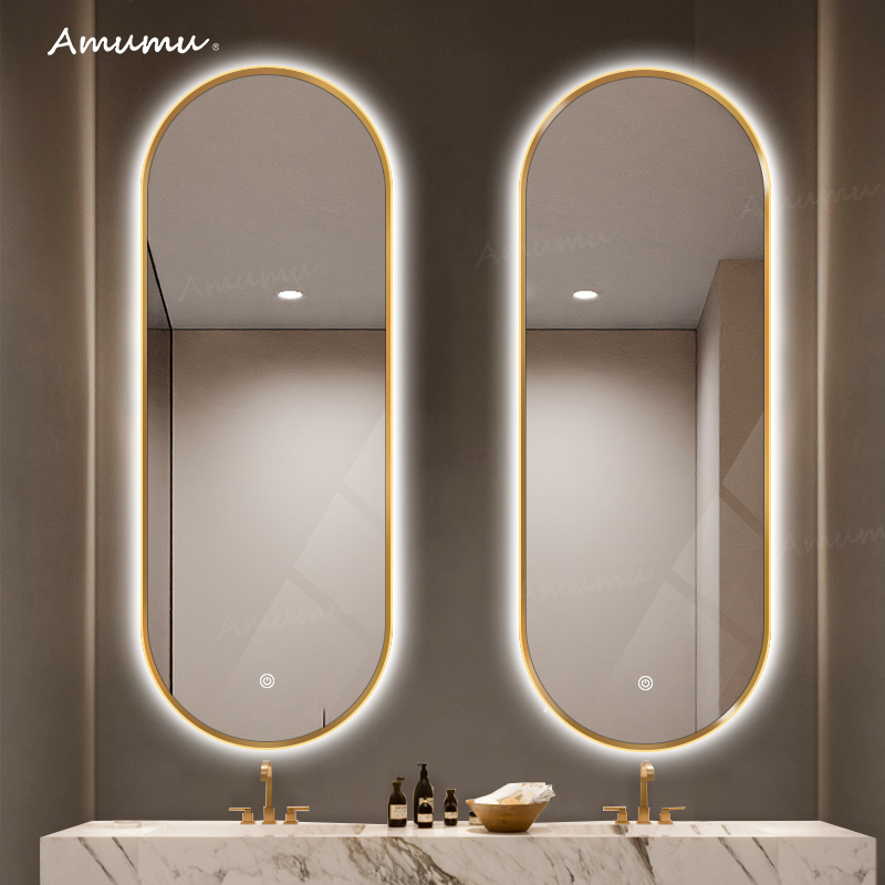 Mirror dressing room wall-mounted led luminous with frame anti-fog intelligent mirror custom double-table basin oval bathroom mirror