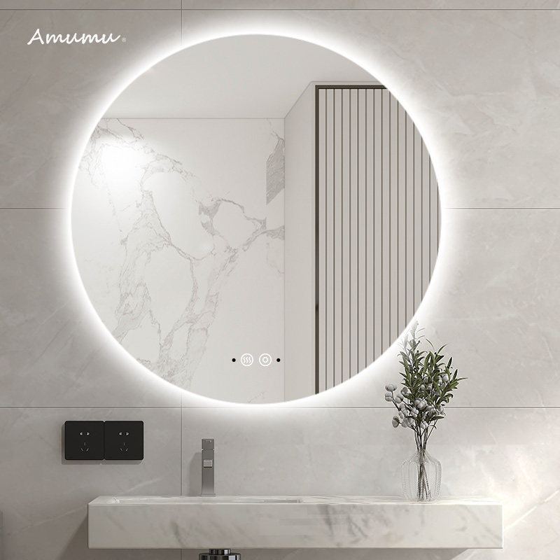 Smart Bathroom Round Mirror Touch Screen Wall-mounted Bathroom Glasses Led with lamp Bedroom make-up mirror hanging wall Makeup Room Mirror