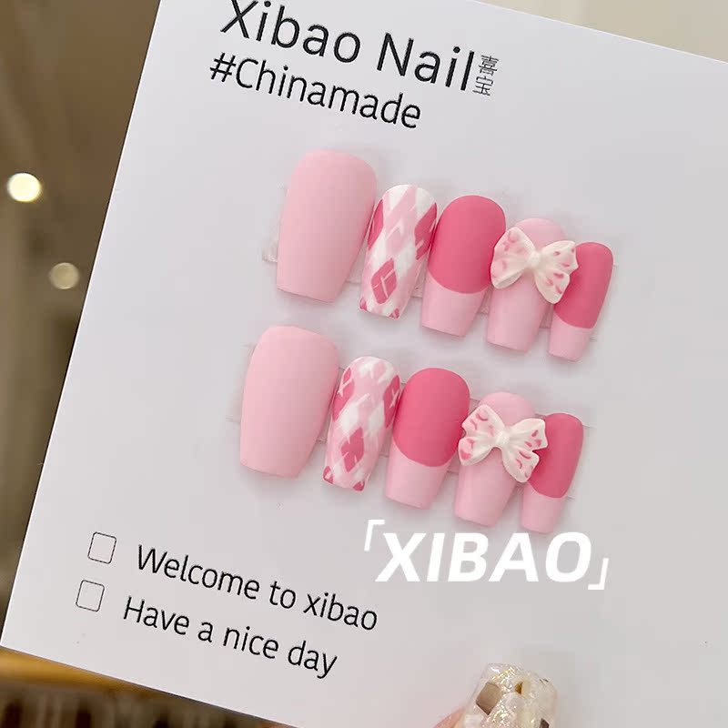 Finished nail art wearable high-end handmade custom-made wearable pink bow rhombus nail patch - Taobao