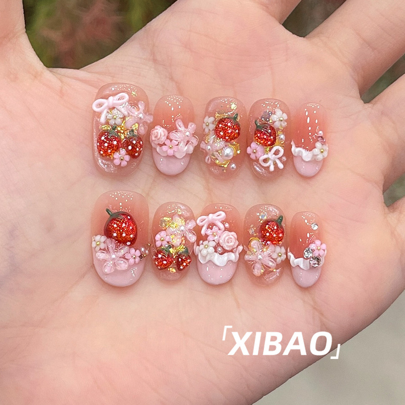 Pink French Style Short Handmade Strawberry Press-On Nails 2026 New High-End Heavy-Duty Nail Patches