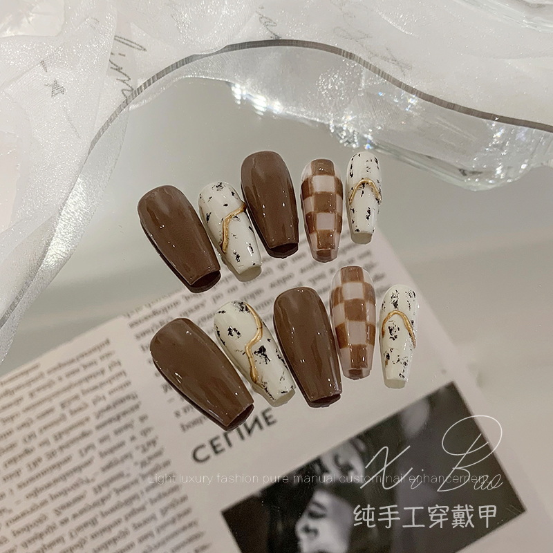Wearing nails 2022 new high-quality checkerboard fake nails handmade custom finished wearable nail patches