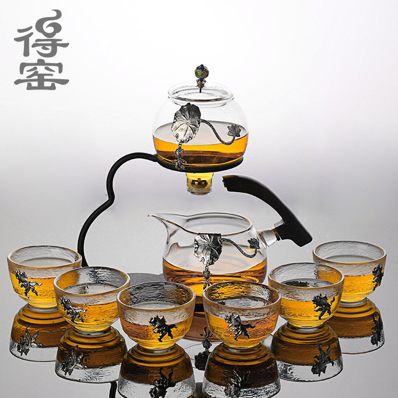 Creative tin inlaid glass lazy tea set full semi-automatic tea maker office transparent Kung Fu tea cup teapot set