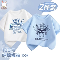 [Набор из двух предметов из чистого хлопка с короткими рукавами] White Mecha War 𢧐 Shilan + Lake Blue Line Line Mecha