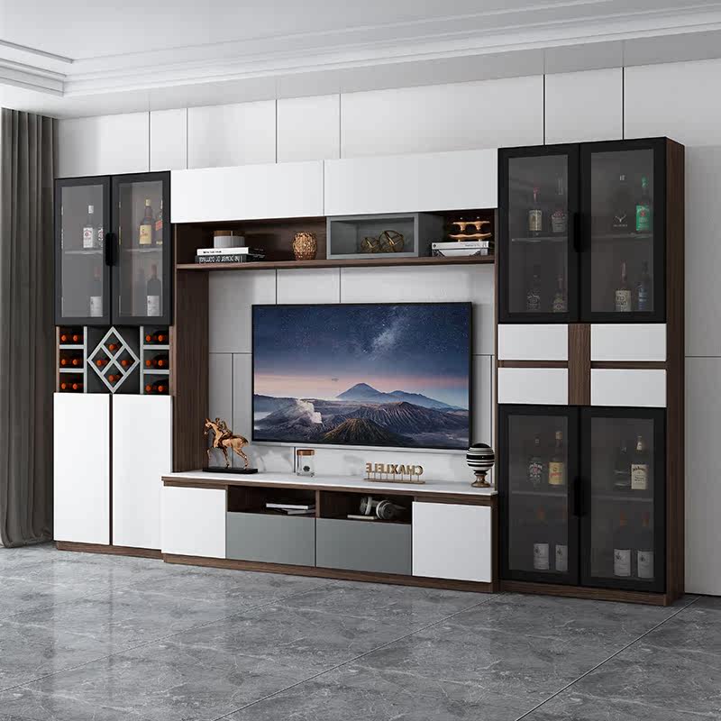 Living room TV cabinet combination wall cabinet Nordic all solid wood multi-functional overall background wall modern minimalist TV wine cabinet