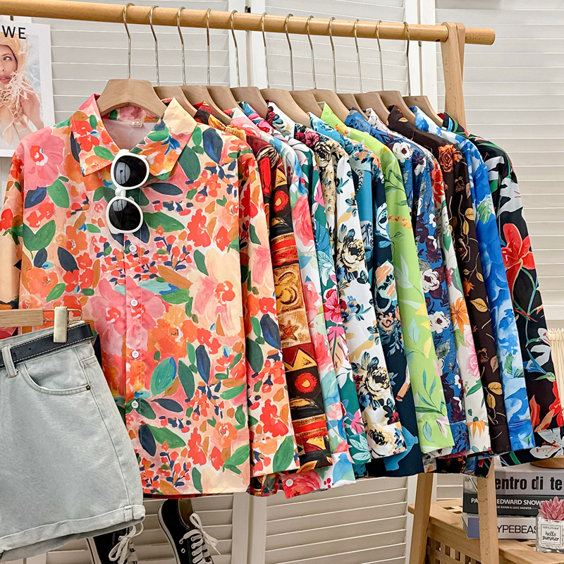 Performance Style Unisex Shirt, Early Spring Floral Evening Party Loose Shirt, Long-Sleeved Outerwear, Retro Hong Kong Style Design